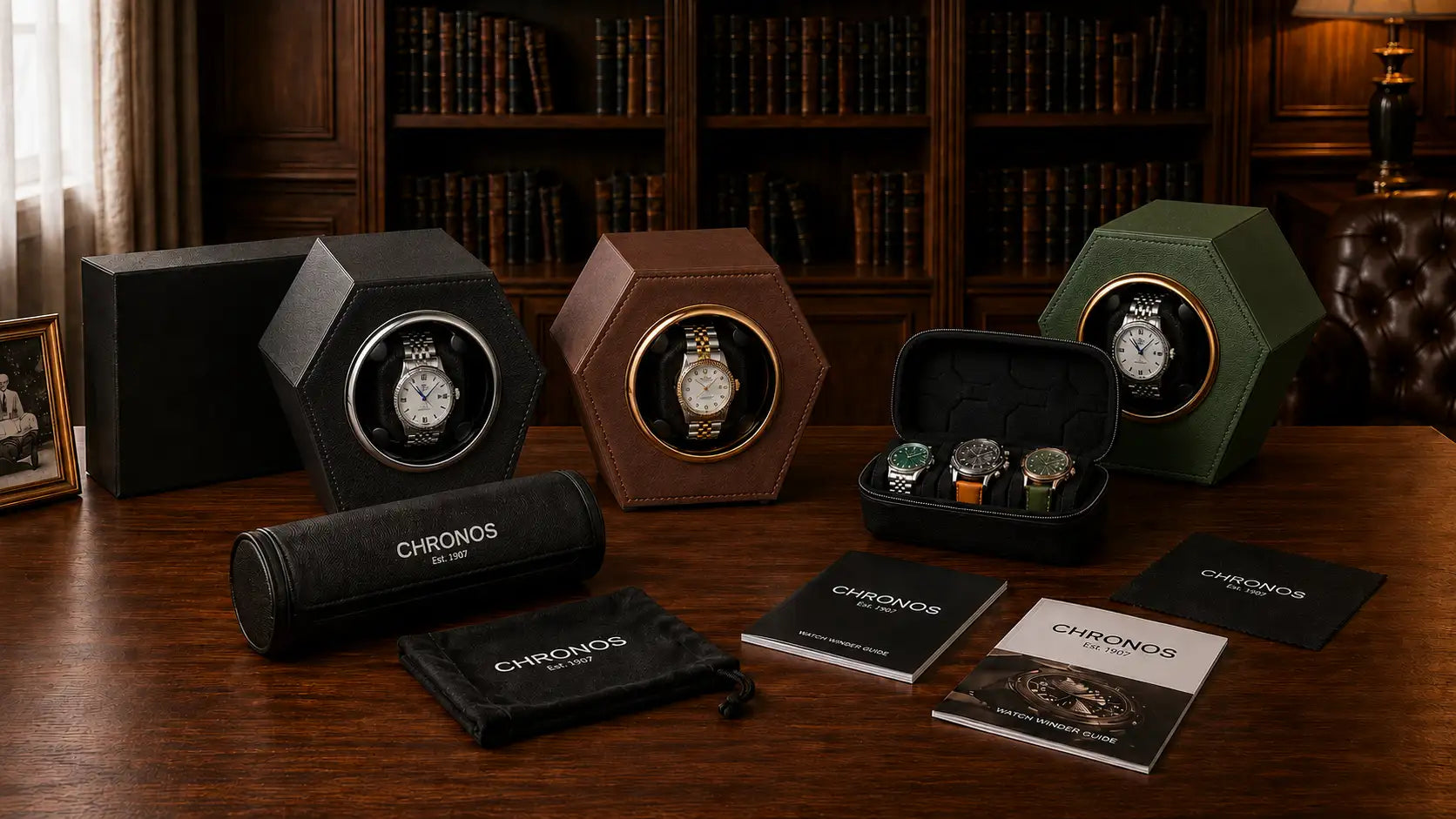 A sleek black chronos watch winder with a silver-toned wristwatch inside, housed in an elegant hexagonal case.