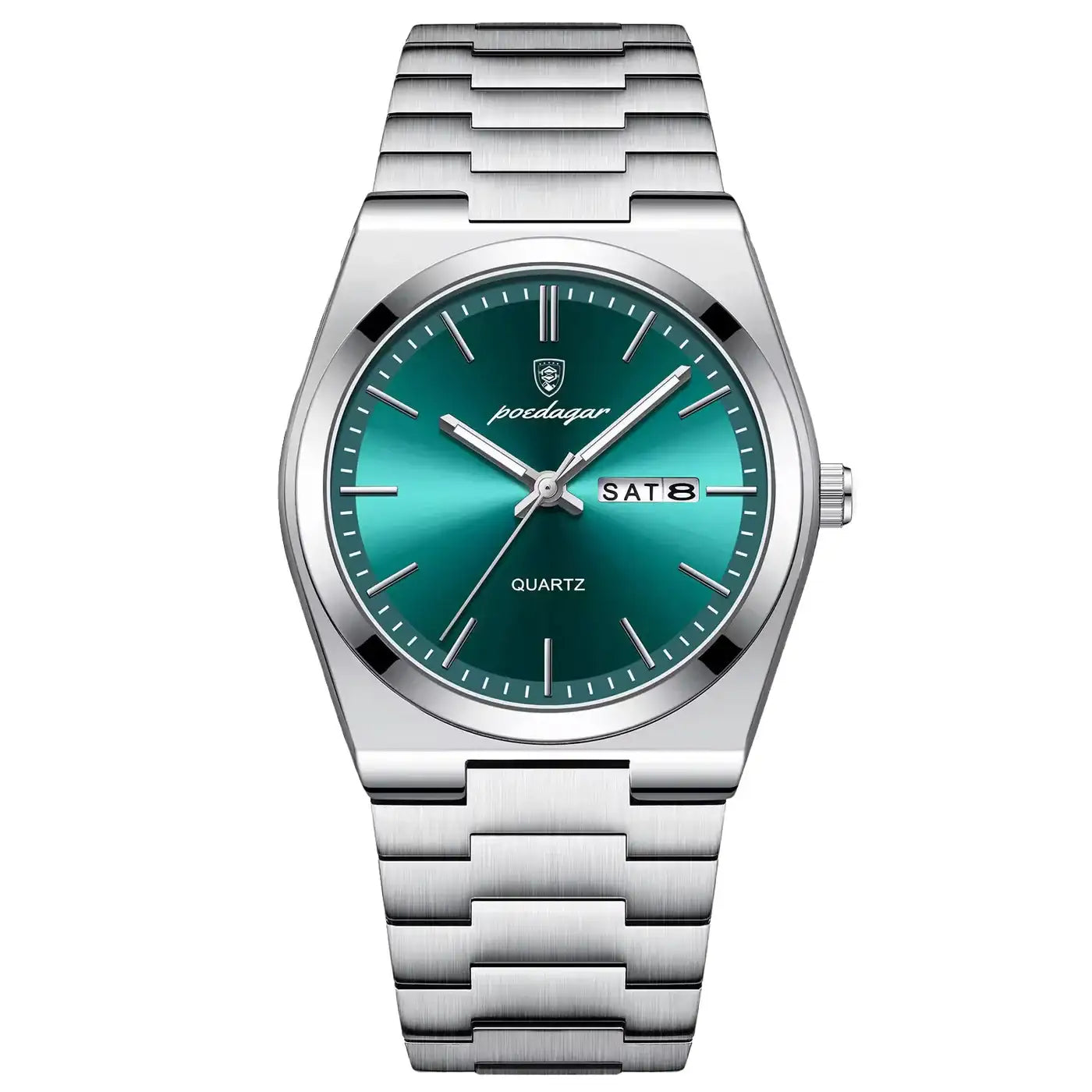 A sleek silver-toned stainless steel watch with a gradient teal dial, featuring minimalist hour markers and a date display.