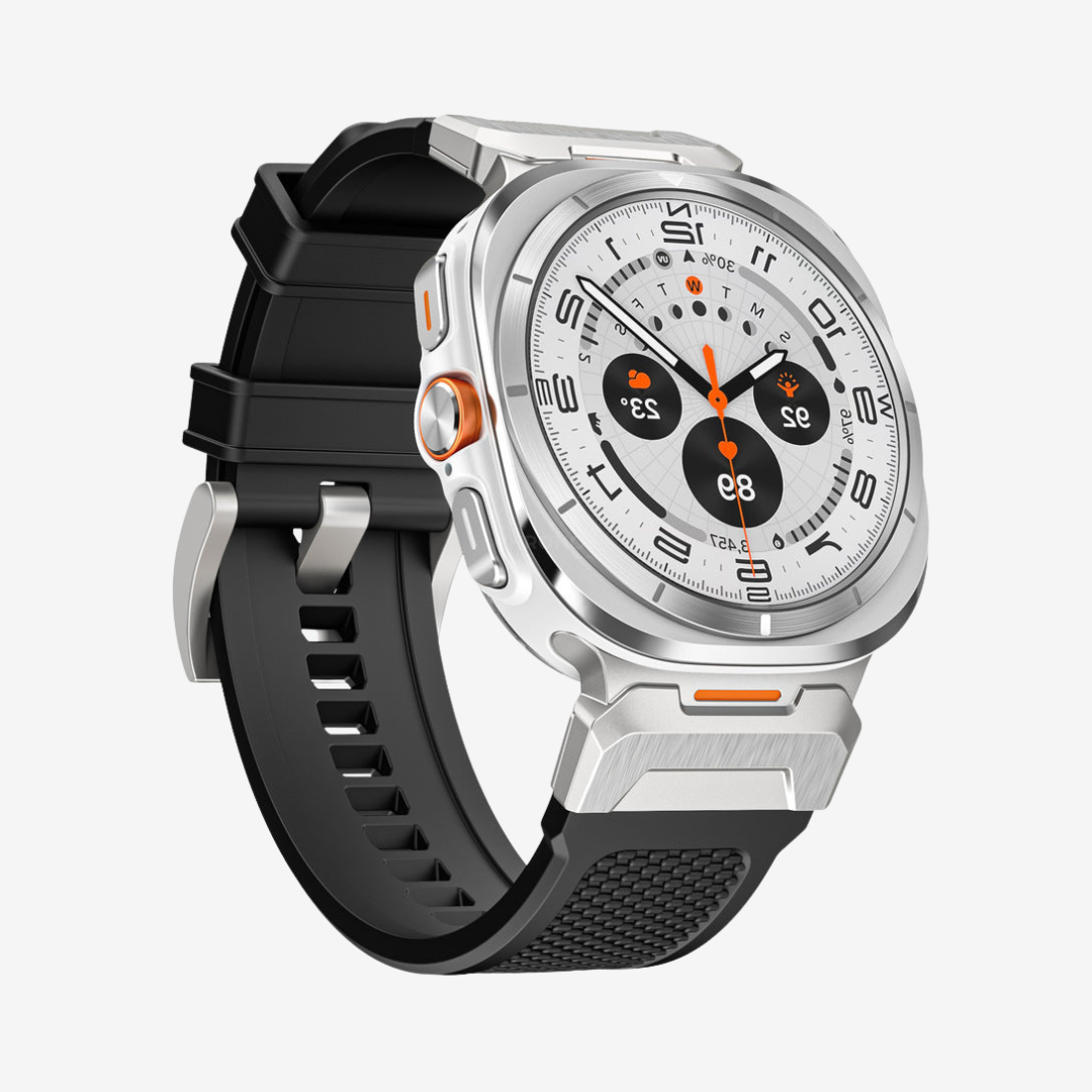 Tactical Rubber Band For Samsung Watch 7 Ultra - Black -Silver Adapter / Samsung Watch 7 Ultra - Watch Band