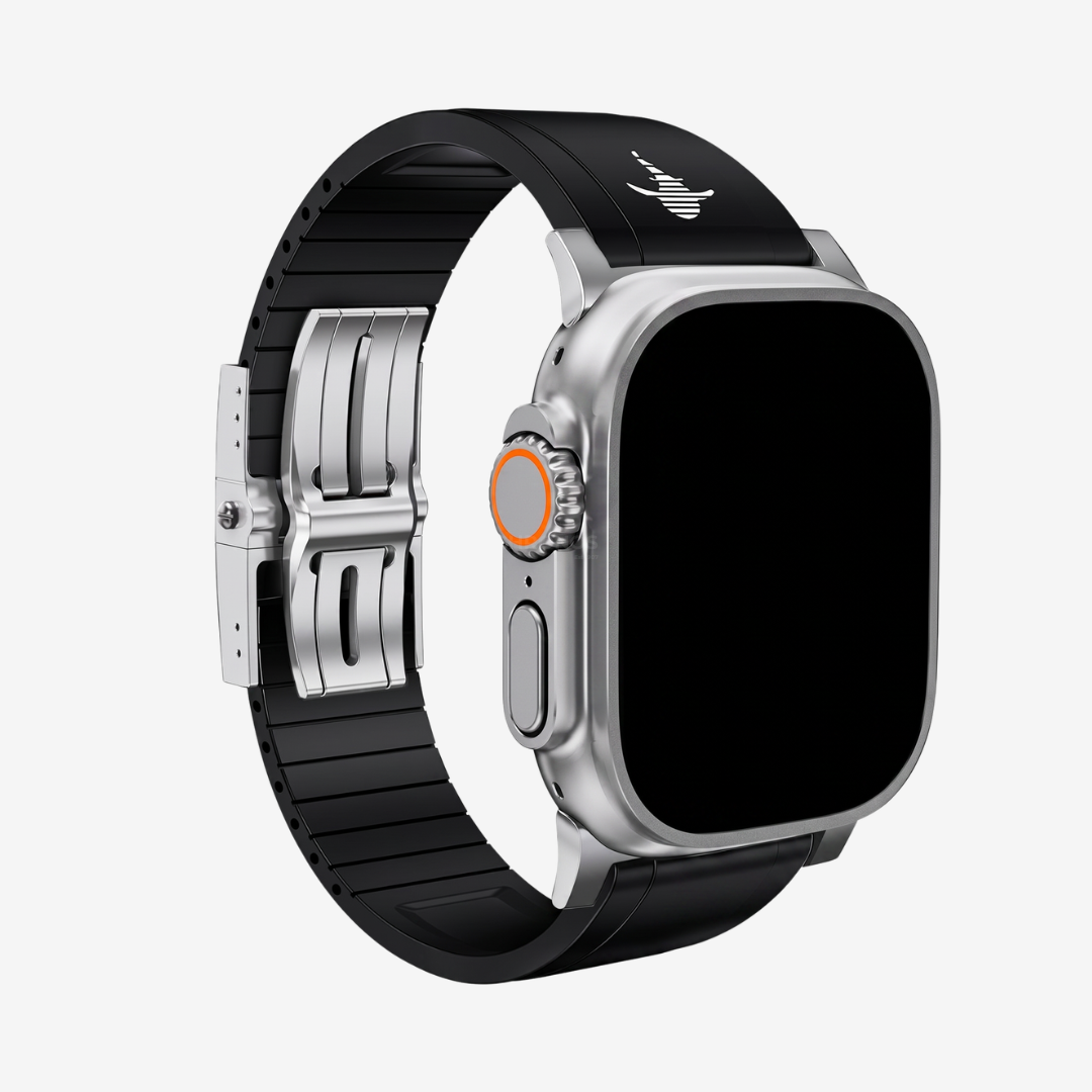 The Shark, Fine Watchmaking Grade FKM Apple Watch Band - Black-Silver Buckle / 46mm/45mm/44mm - Watch Band