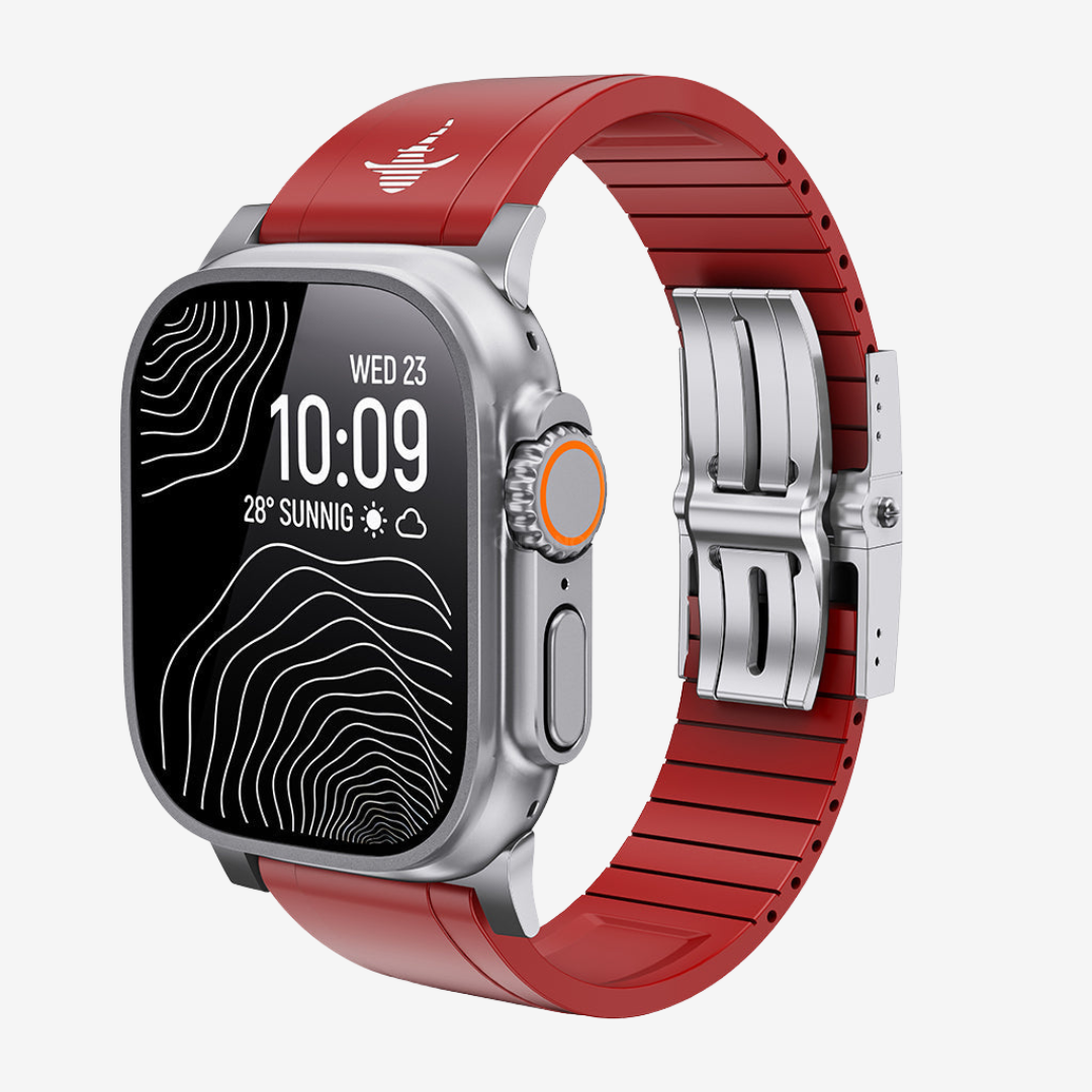 The Shark, Fine Watchmaking Grade FKM Apple Watch Band - Red-Silver Buckle / 46mm/45mm/44mm - Watch Band