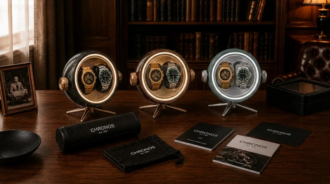 Three circular, illuminated watch display cases with gold and silver metallic finishes showcase luxury watches.