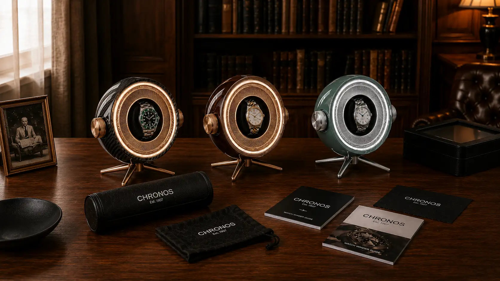 Three sleek, circular chronos watch displays in black, brown and green with gold accents showcase luxury timepieces.