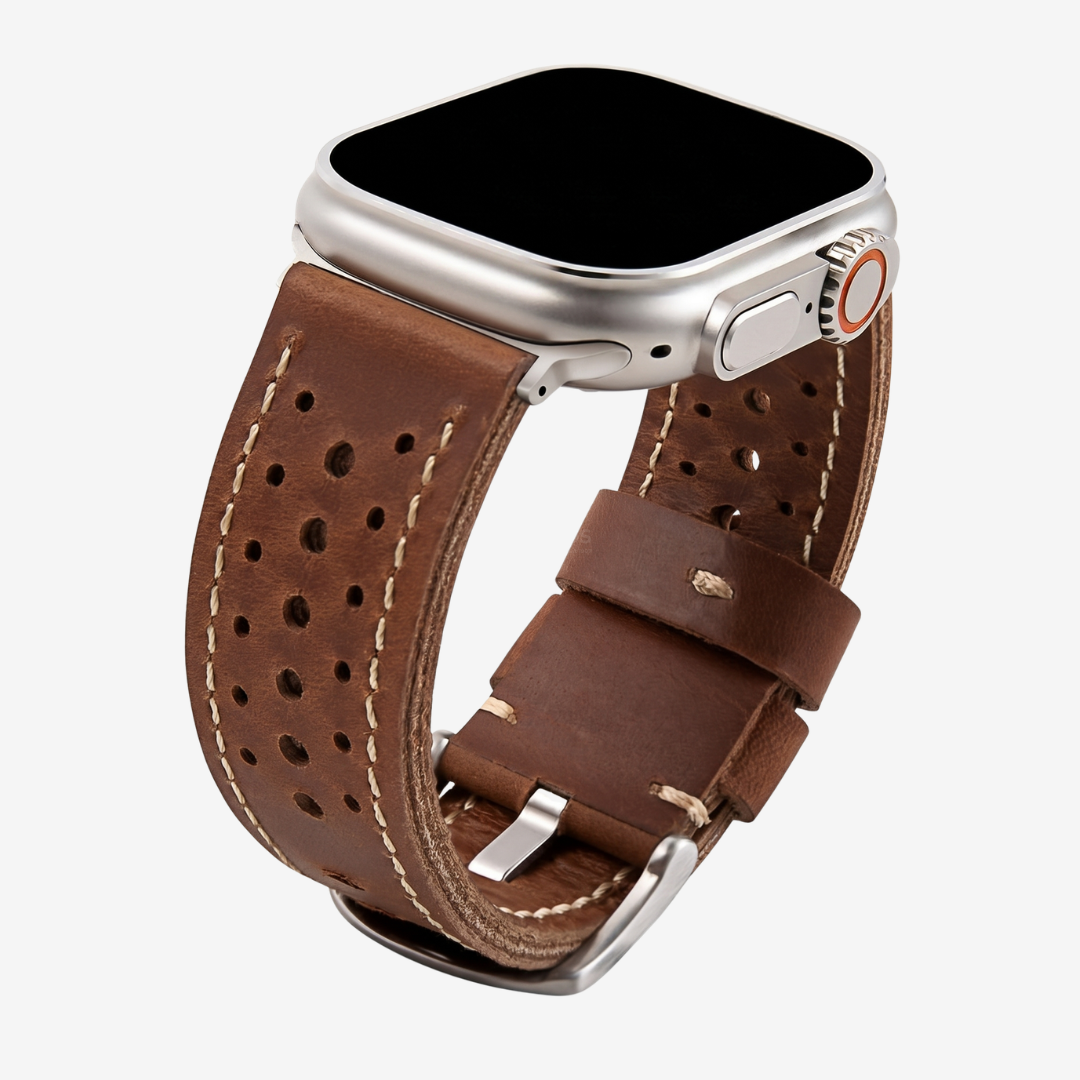 Vintage Racing Leather Band For Apple Watch - Brown / Silver / 40mm/41mm/42mm - Watch Band