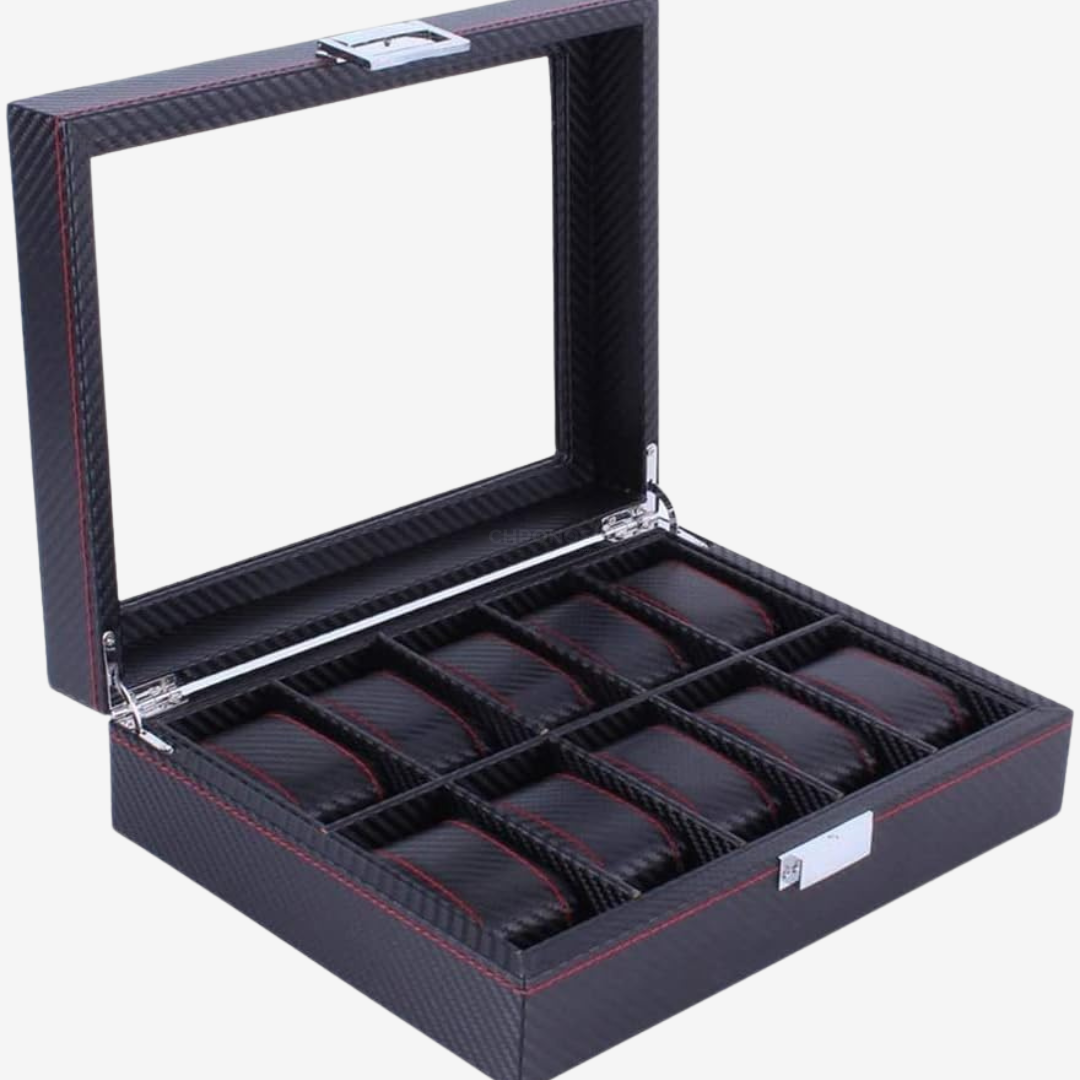 Watch Box - Carbon Fiber Black and Red - 10 slots - Watch Box