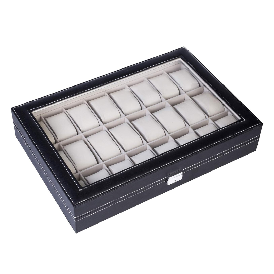 Watch Box – Large Black Leather 24 Slots - Watch Box
