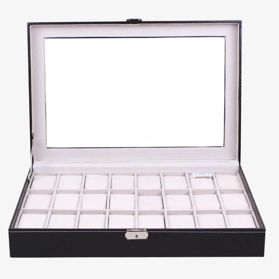 Boîte à montres - Grand modèle en cuir noir - 24 emplacements - Boîte à montres