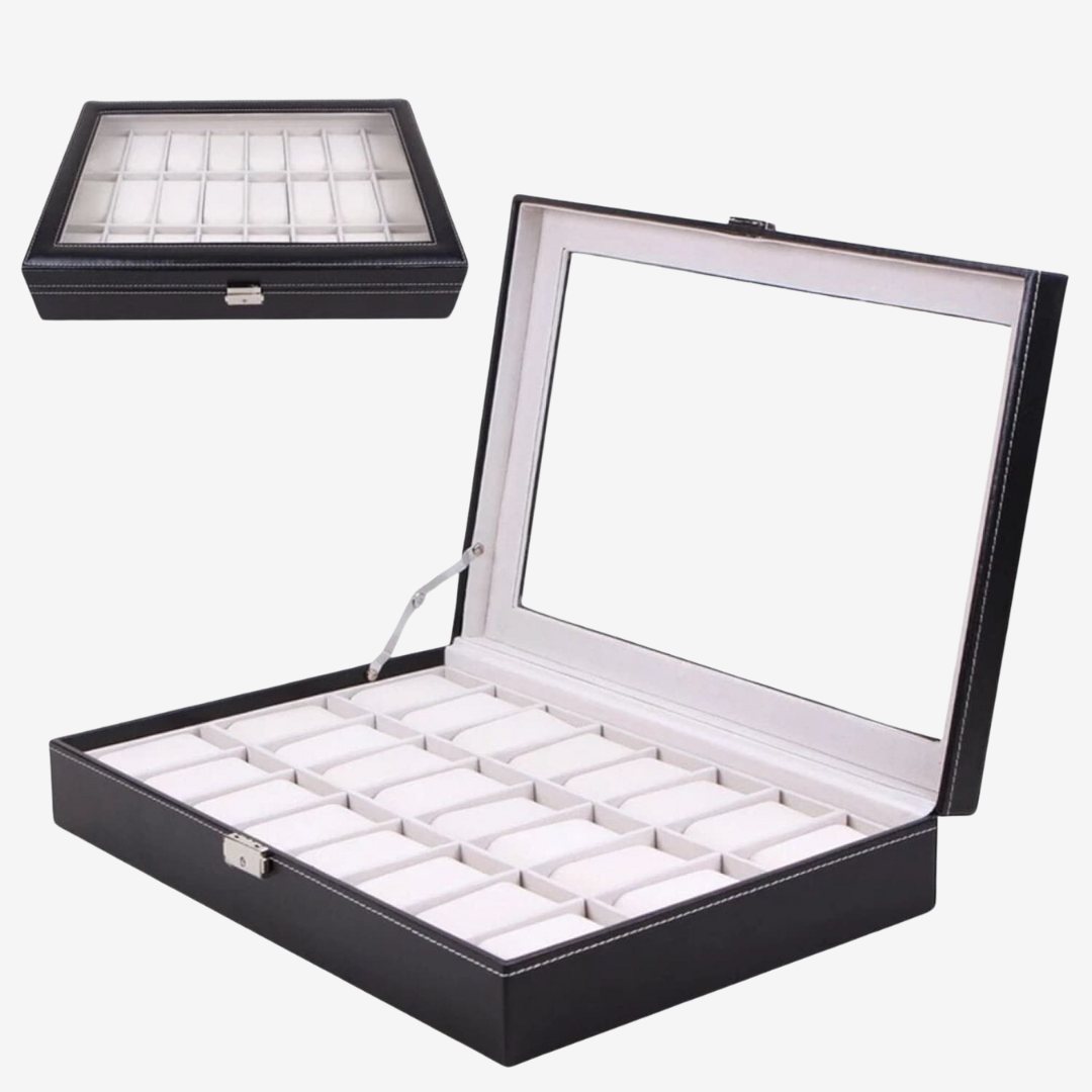 Watch Box - Large Black Leather - 24 slots - Watch Box