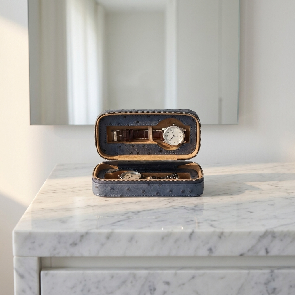 Watch Case – Bluish Ostrich 2 Slots - Watch Box