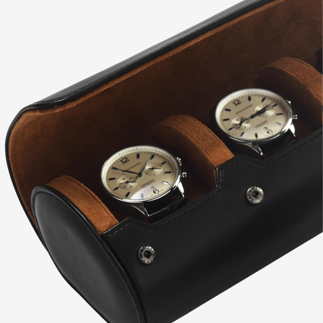 Watch Roll Trio – Black Leather Watch Case - Watch Roll