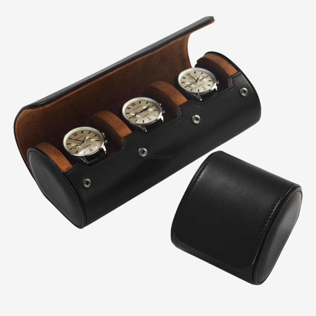 Watch Roll Trio – Black Leather Watch Case - Watch Roll