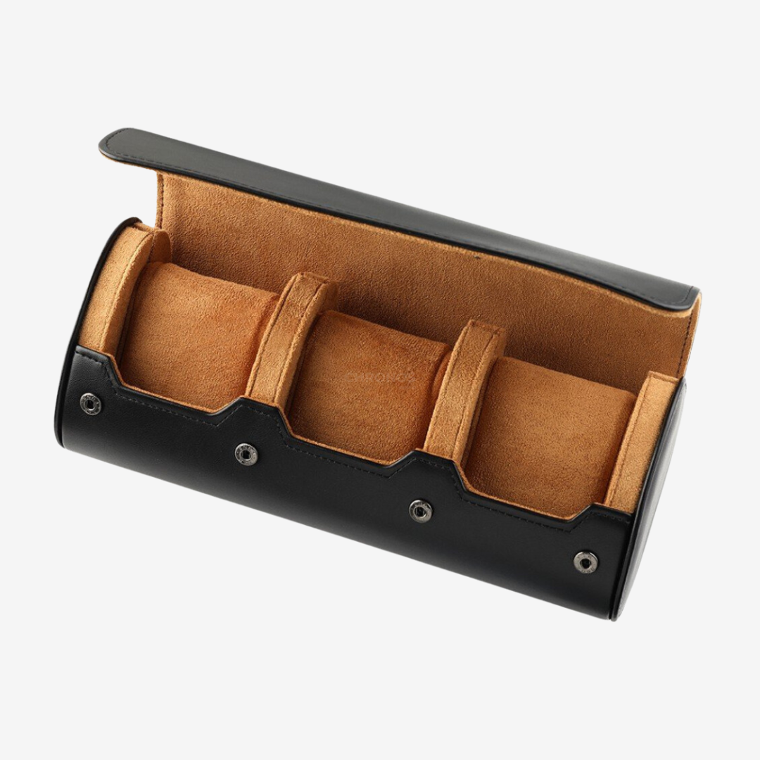Watch Roll Trio – Black Leather Watch Case - Watch Roll