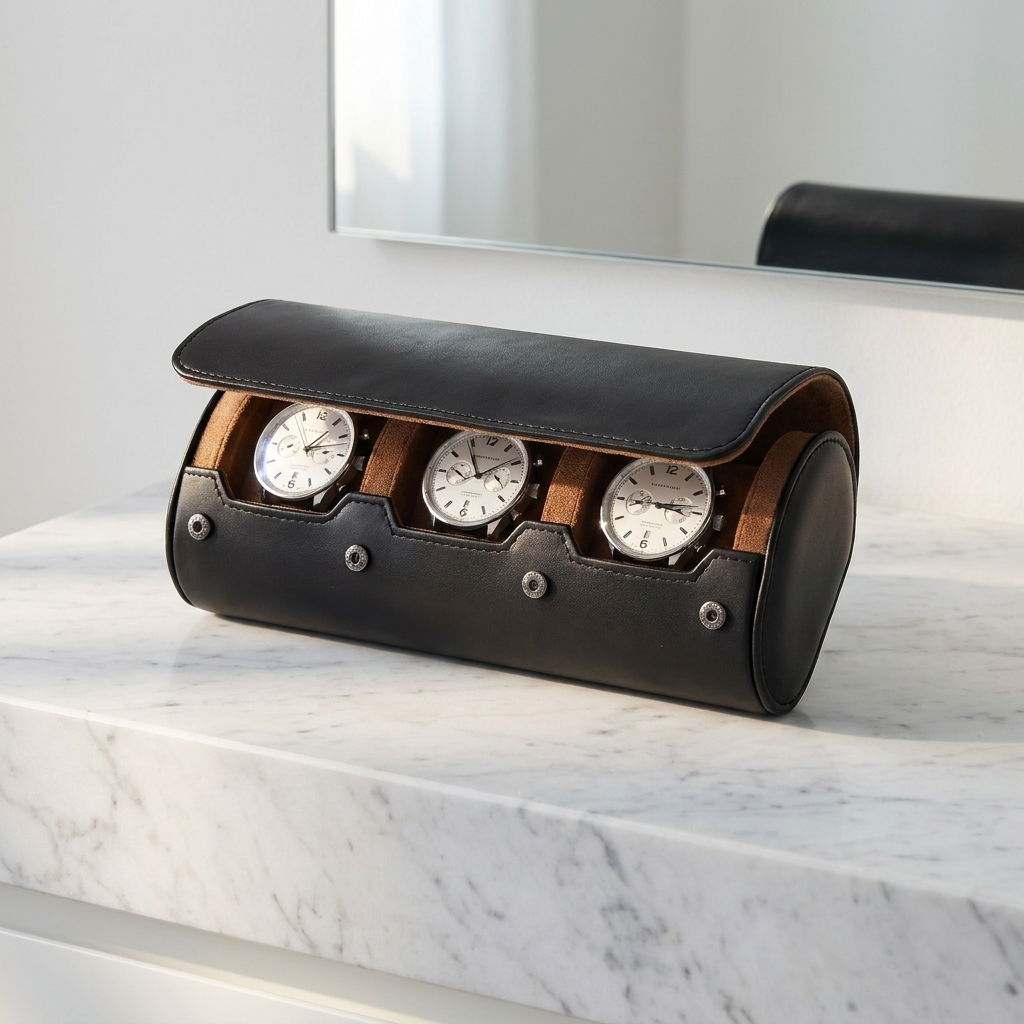 Watch Roll – Trio Black Leather - Watch Roll