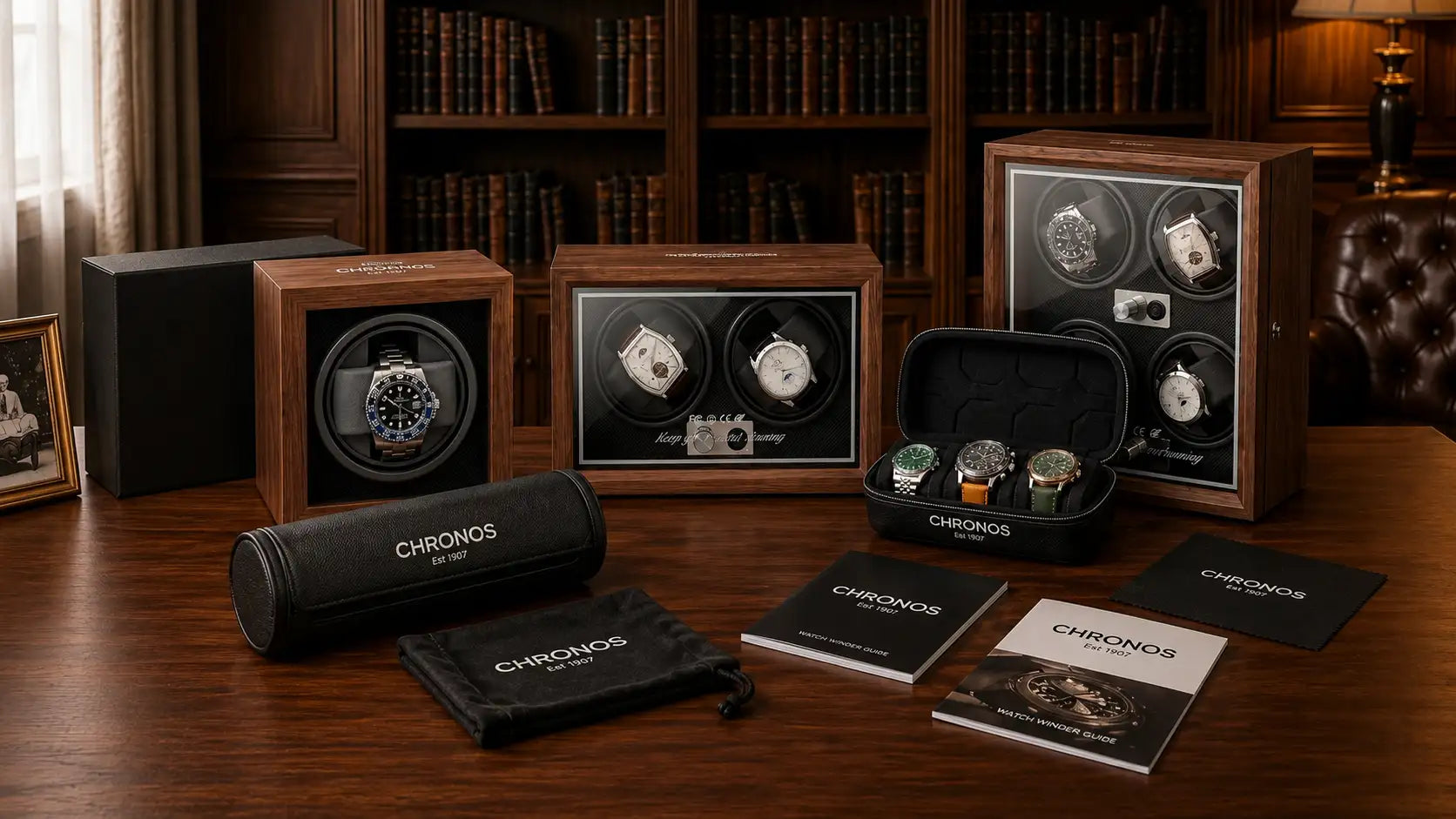 Wooden watch winder with a single rotating compartment holding an elegant black and silver timepiece.